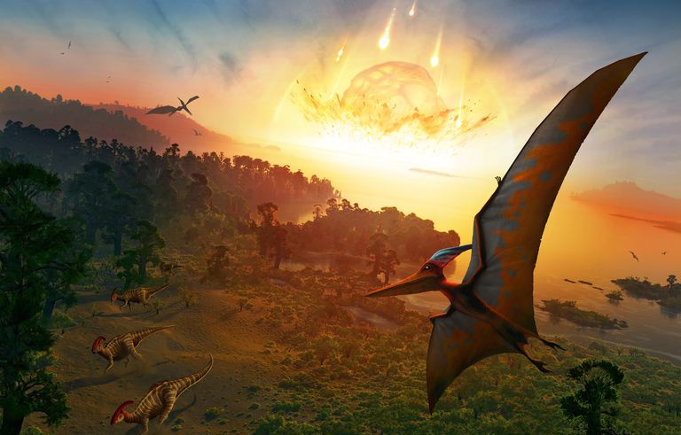 Obra de arte que representa la extinción de los dinosaurios.