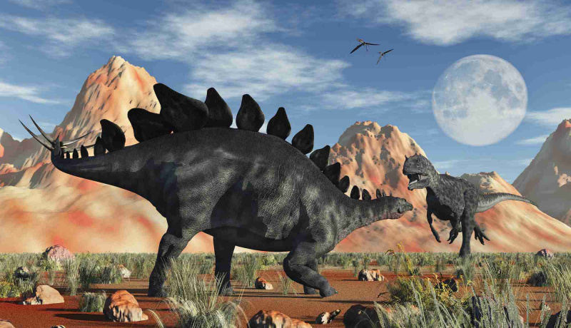 A  <i>estegosaurio</i> defenderse de un atacante <i>Alosaurio</i> 
