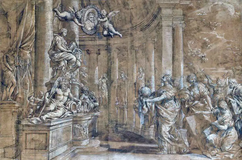   Dizains izdrukai ar nosaukumu “Zināšanu alegorija”, Pjetro Berretini, 17. gadsimts, izmantojot The Met