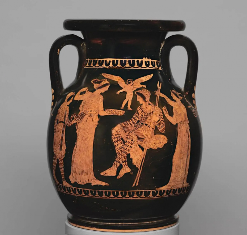 Pelike de figura roja que representa a Paris y Helen, siglo V a. C., a través del Museo de Arte de Harvard