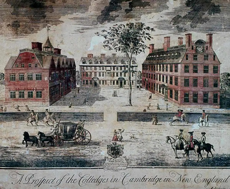   A Prospect of the Colledges in Cambridge i New England, William Burgis, 1726. Kilde: Harvard Fine Arts Library