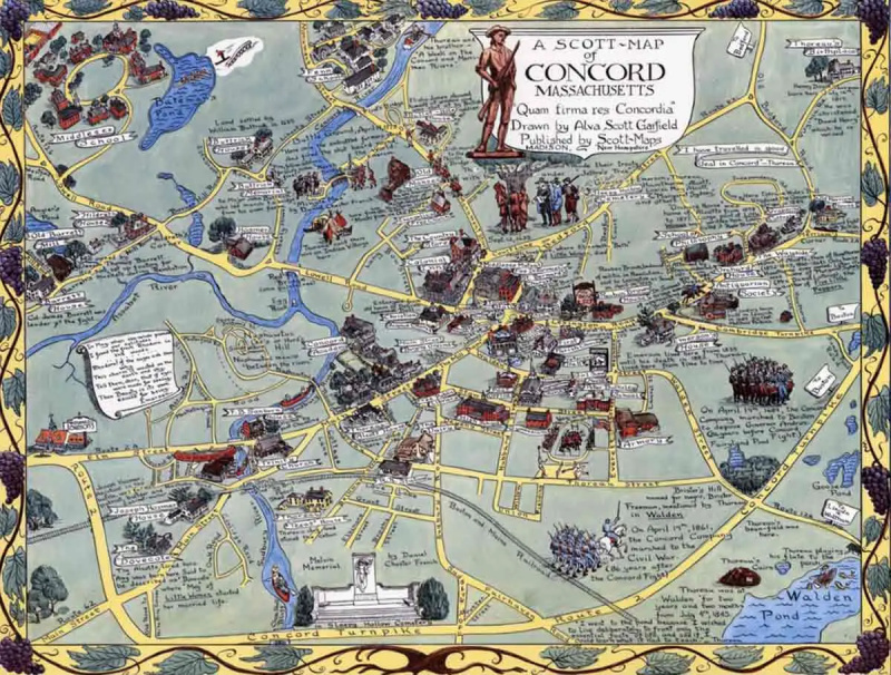   Kart over Concord, Massachusetts, hvor Emerson delte et fellesskap av likesinnede forfattere. Kilde: David Rumsey kartsamling