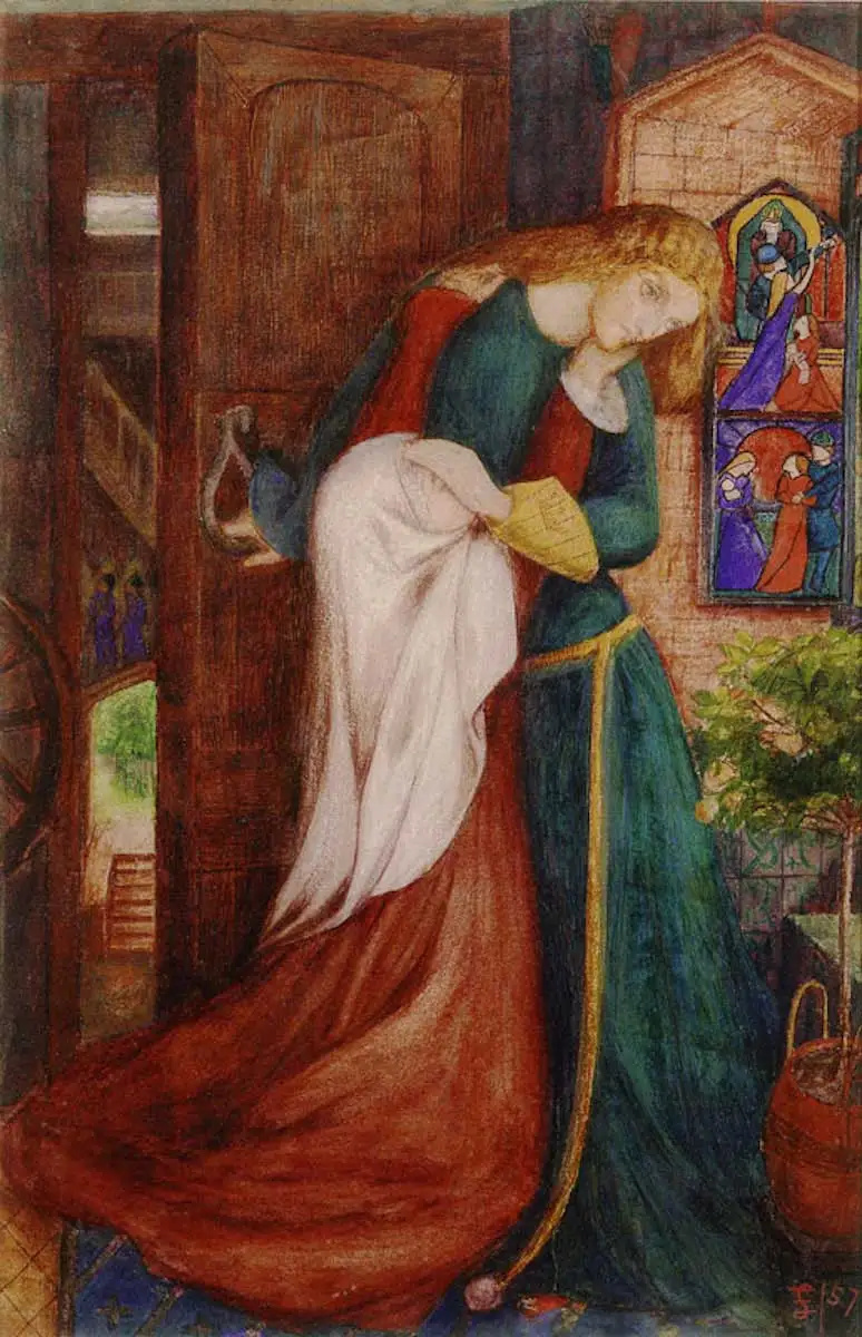 Lady Clare akvarelna preraphaelitska risba