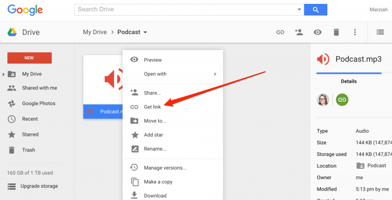 Pobierz link na zrzucie ekranu Dysku Google