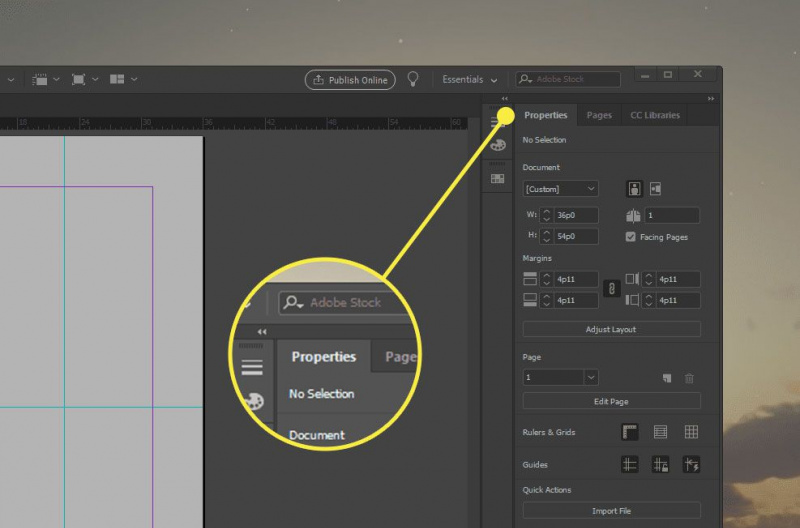 Una captura de pantalla de InDesign con la pestaña Propiedades resaltada