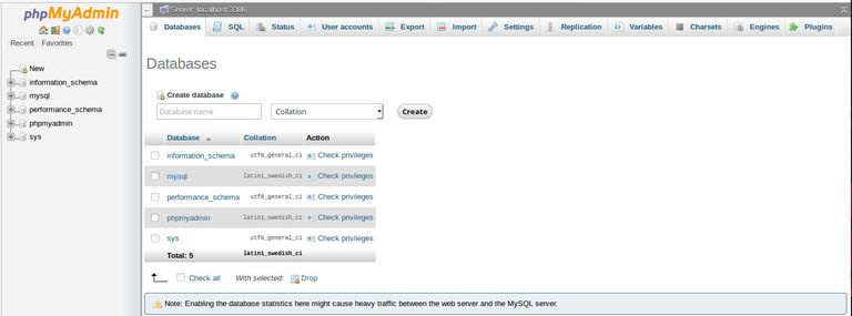 Zrzut ekranu okna Bazy danych phpMyAdmin.