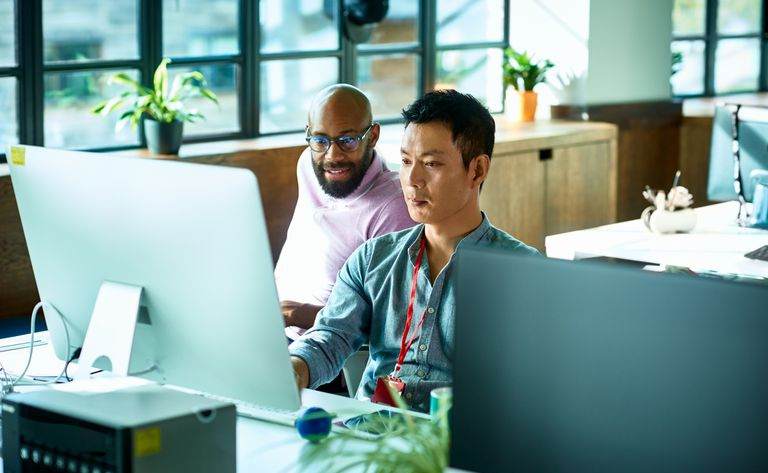 Programmatore di computer che lavora con un collega maschio in ufficio