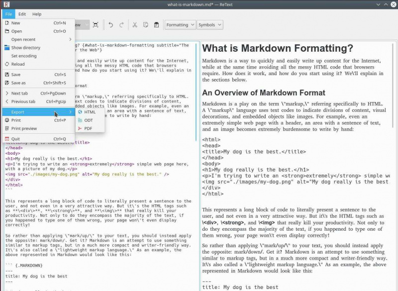 ReText, Edytor Markdown, pokazujący podgląd na żywo i opcje eksportu.