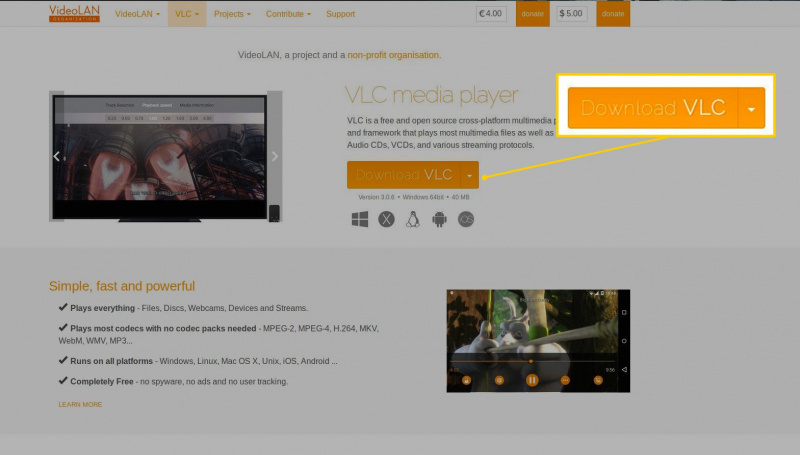 Przycisk pobierania na stronie VLC
