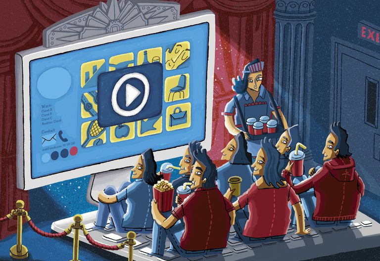 Kreskówka obraz szczęśliwej publiczności oglądającej zabawne wideo na stronie internetowej przy użyciu komputera jako kina