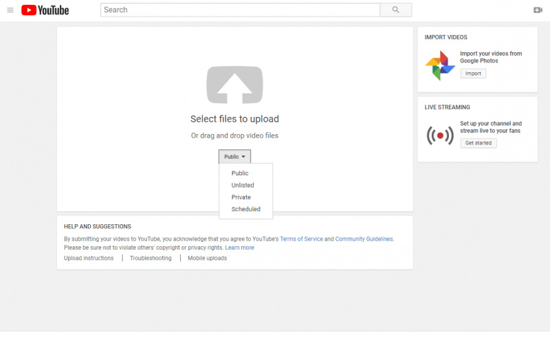 Zrzut ekranu strony przesyłania YouTube