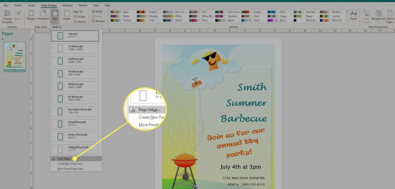 Zrzut ekranu programu Microsoft Publisher z podświetlonym poleceniem Ustawienia strony