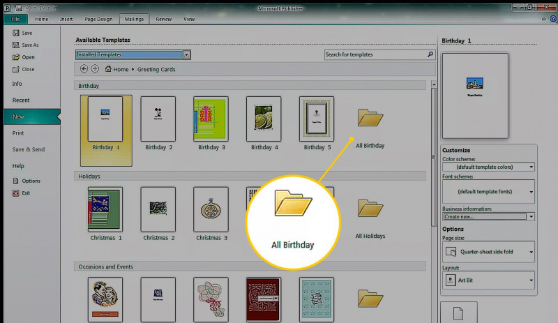 Wszystkie foldery szablonów urodzin w programie Microsoft Publisher