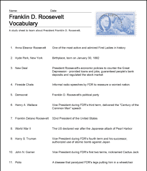 Folha de Estudo do Vocabulário de Franklin D. Roosevelt