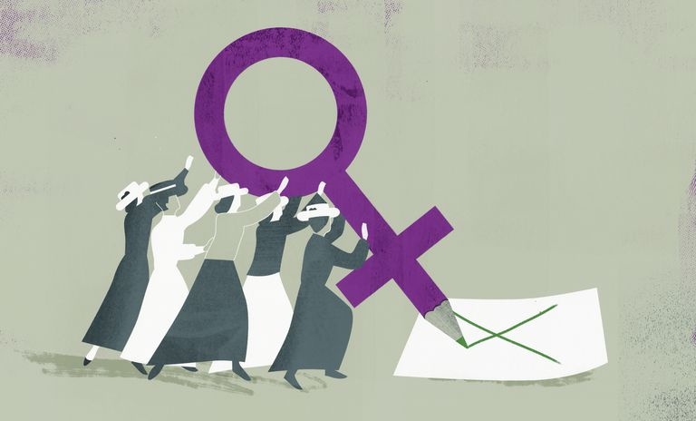 Suffragetter stemmer med stor blyant for kvinnelig kjønnssymbol