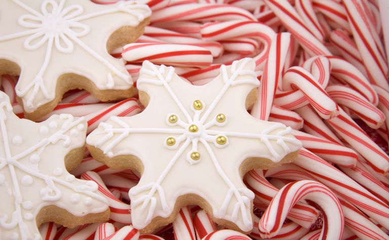 Płatek śniegu świąteczne ciasteczka i mięta pieprzowa Candy Cane Holiday Food Background