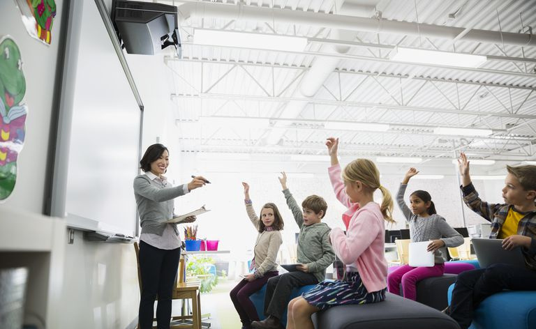 Insegnante che indica gli studenti con le braccia alzate