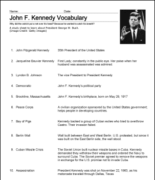 John F. Kennedy vokabularstudieark