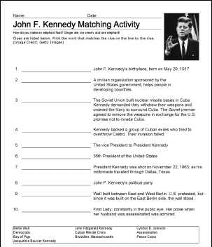 John F. Kennedy arbeidsark for ordforråd