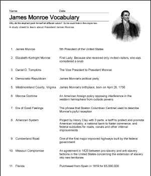 James Monroe vokabularstudieark