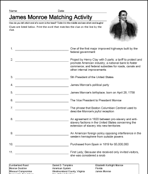 James Monroe vokabular arbeidsark
