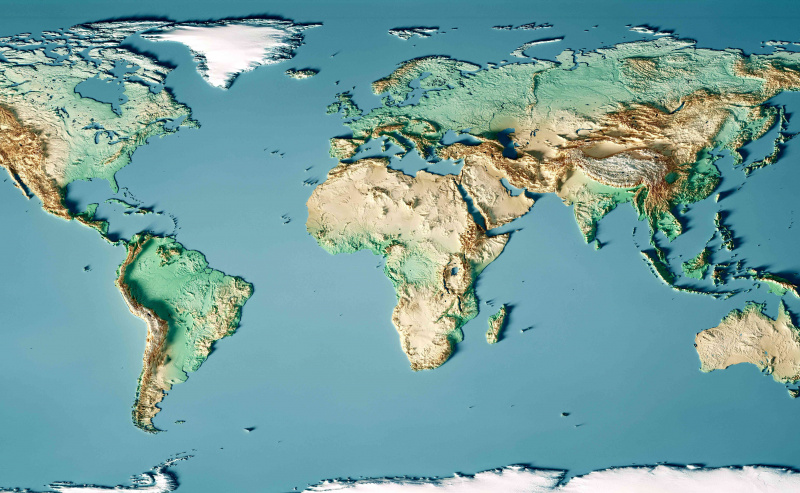 Un mapa del mundo que presenta varias características geográficas como biomas, masas de tierra y elevaciones montañosas