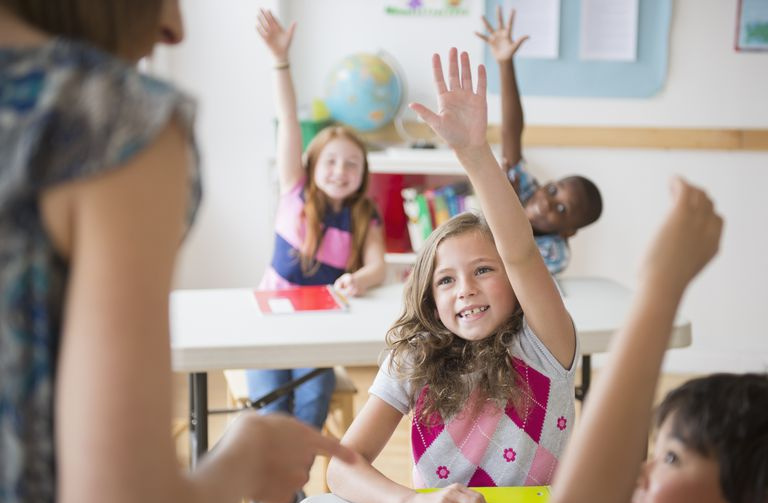 niños levantando la mano en el aula