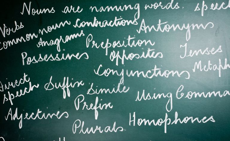 Gramática inglesa escrita no quadro-negro