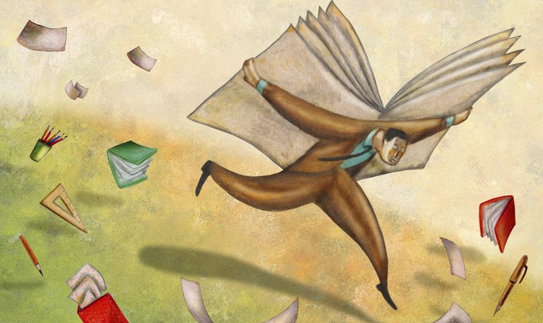 ilustracija moškega, ki teče s knjigo na hrbtu