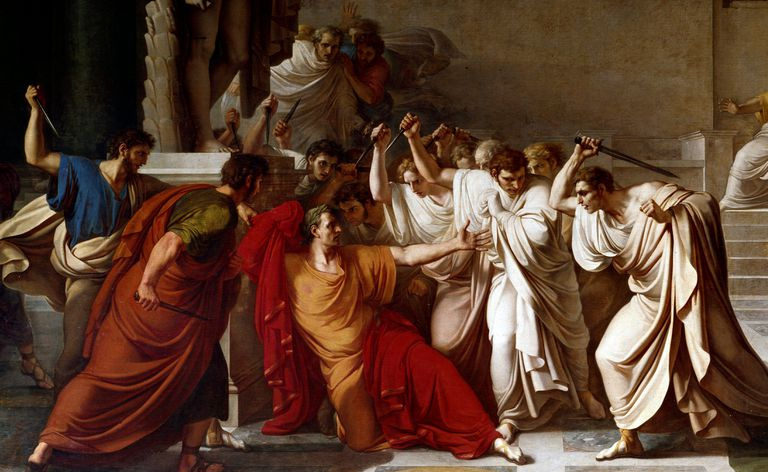 Vollfarbiges Gemälde, das den Tod von Julius Caesar darstellt.