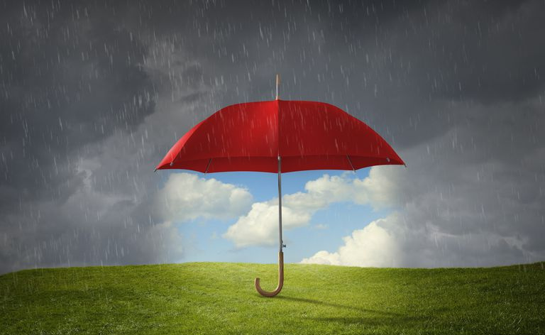 Czerwony parasol chroniący trawę przed deszczem