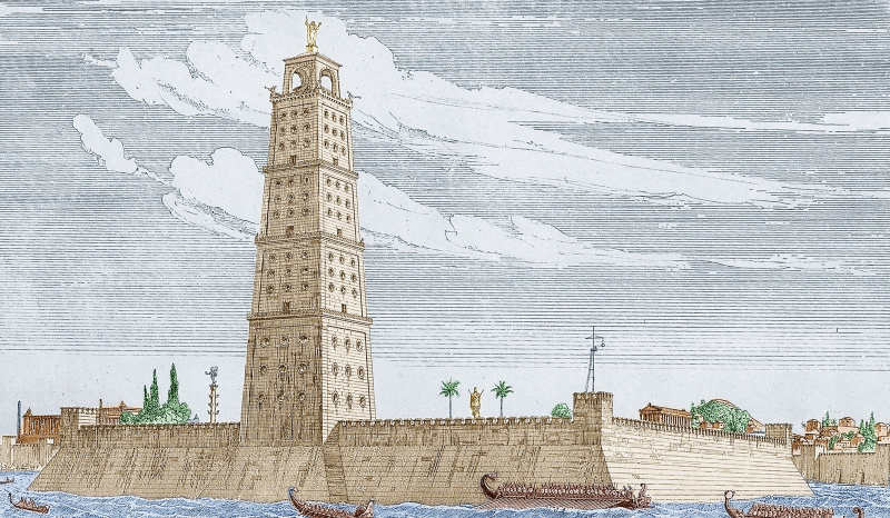 Faro de Alejandría (una de las siete maravillas del mundo) grabado por F. Adler que data de 1901, documento coloreado