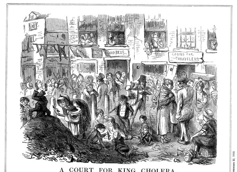 Uma foto de uma rua movimentada de Londres, presa fácil da cólera na década de 1850.