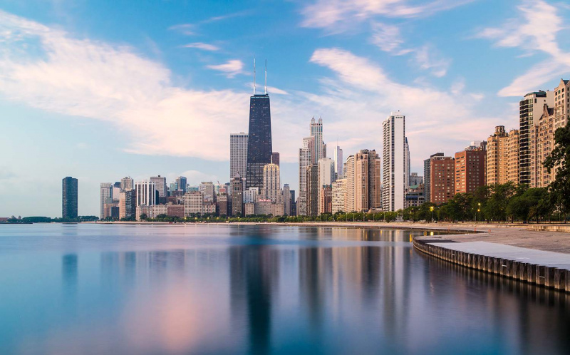EUA, Illinois, Chicago, horizonte da cidade e Lago Michigan