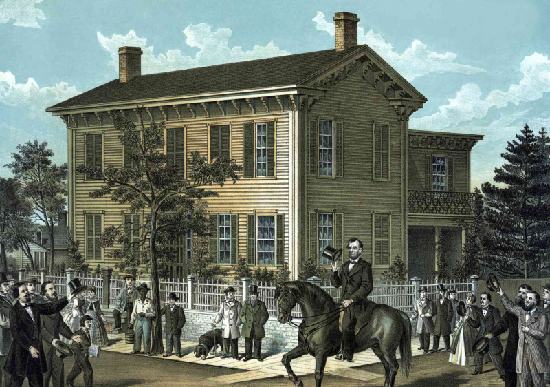 Impressão da Guerra Civil de Abraham Lincoln andando a cavalo enquanto uma multidão aplaude