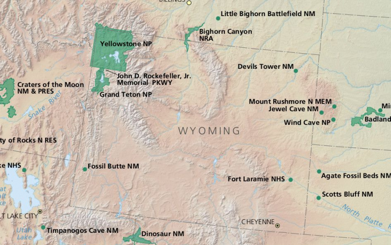 Mapa parków narodowych Wyoming
