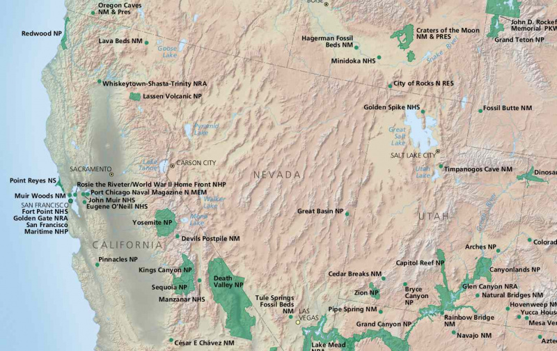 Mapa parków narodowych Nevady