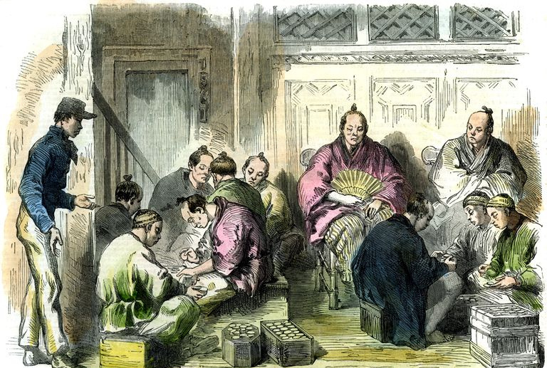 Telling av erstatningspengene for drapet på Richardson, Japan, 1863.