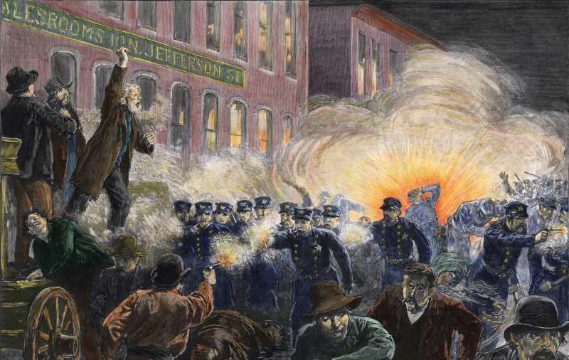 Fargeillustrasjon av Haymarket Square Riot fra 1886