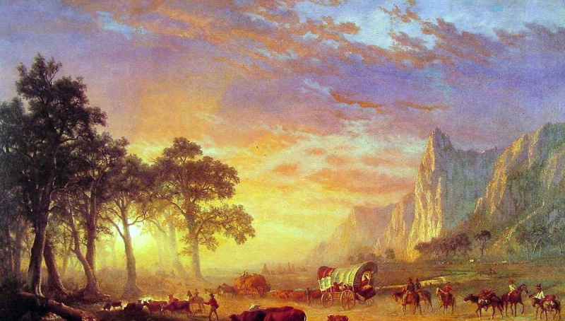 Pintura de colonos na trilha de Oregon caminhando em direção a um belo pôr do sol.