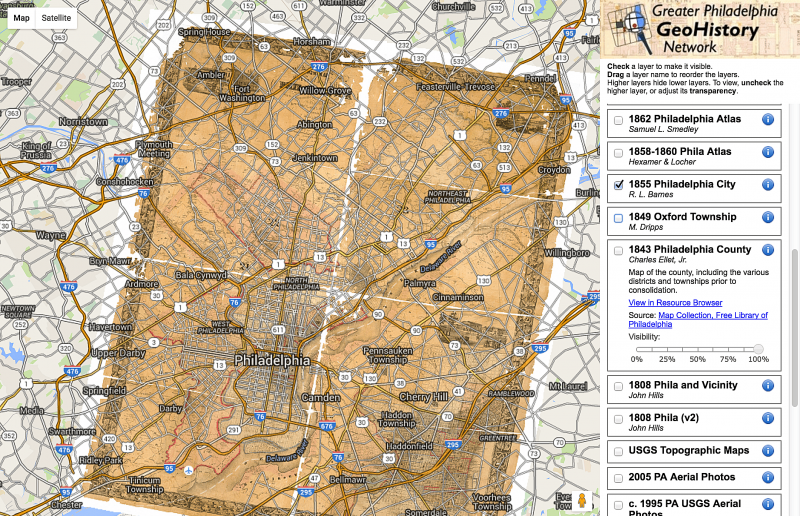フィラデルフィア市の 1855 年の地図を最新の Google マップに重ねたもの。