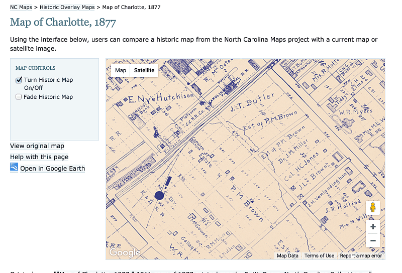 NC Historic Overlay Maps コレクションからのノースカロライナ州シャーロットの 1877 年の地図の一部。