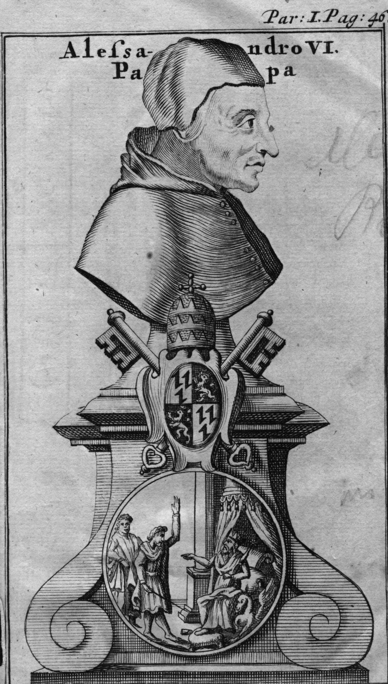 Portriat ilustrado de Alexandre VI em um pedestal.