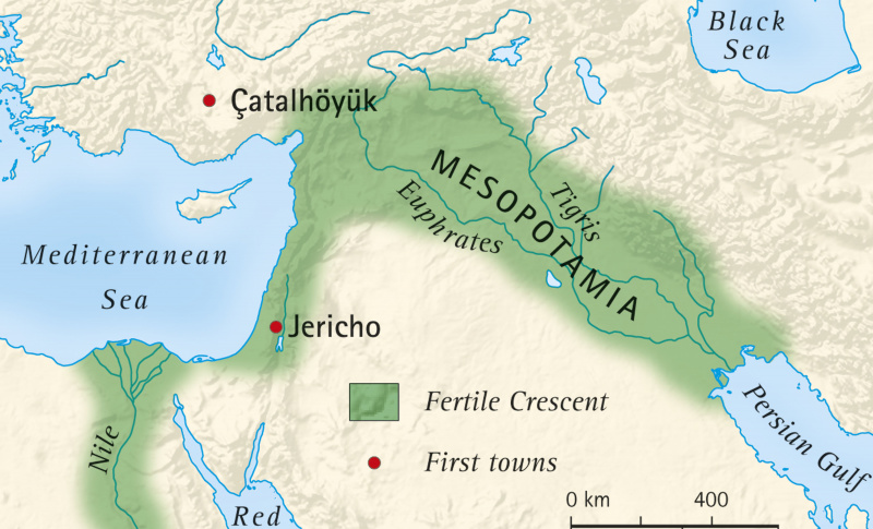 Digitale Illustration des fruchtbaren Halbmonds von Mesopotamien und Ägypten und Lage der ersten Städte
