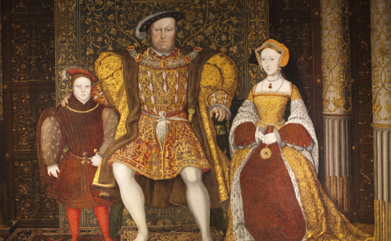 Le roi Henry VIII, Jane Seymour et le prince Edward ont peint dans la grande salle du palais de Hampton Court à Londres