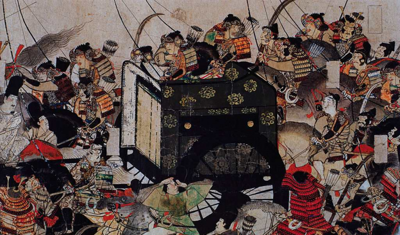 Particolare di Samurai che protegge una carrozza reale da un dipinto di pergamena.
