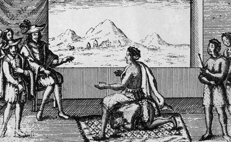 La reine Nzinga, assise sur un homme agenouillé, reçoit les envahisseurs portugais