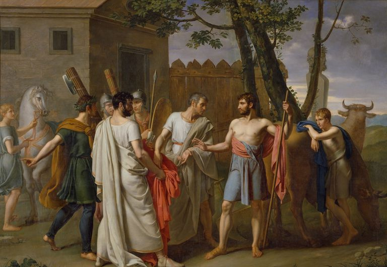 Tableau représentant la vie dans la Rome antique avec des hommes portant des armes.