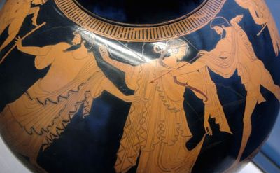 Idas y Marpessa son separados por Zeus. Psíquico de figuras rojas en el ático, c. 480 a.C., por el Pan Painter.