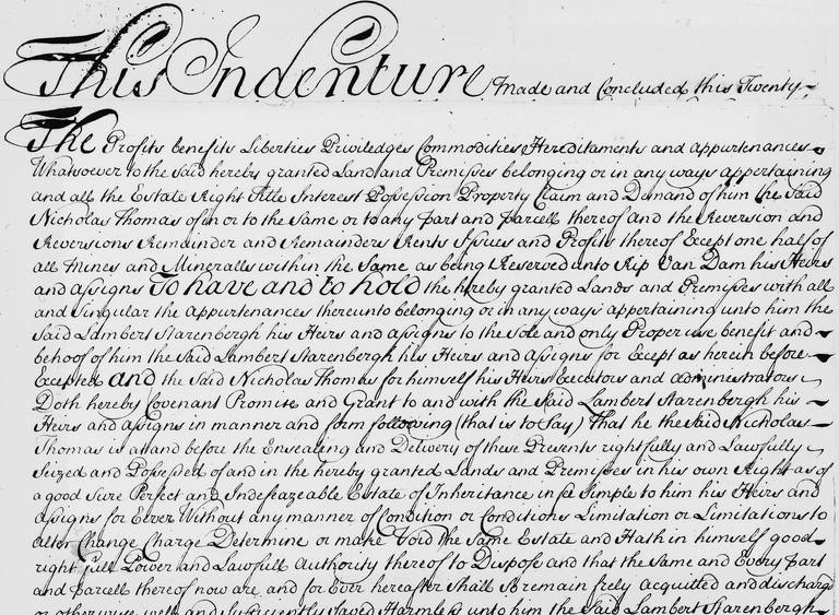 Un contrat pour le transfert de terres de Nicholas Thomas à Lambert Strarenbergh à Albany, New York, vers 1734.